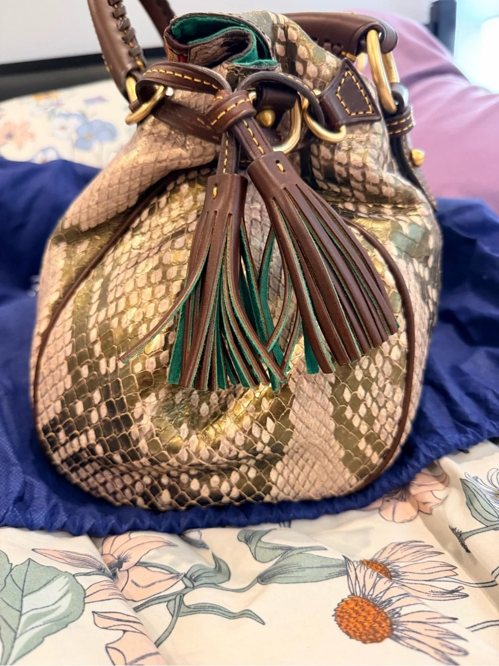 Dooney & Bourke Brown and Cream Snake-Print Satchel with Red Zip Accent